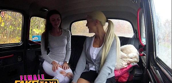  Female Fake Taxi Slim minx gets fucked with strap on by busty blonde driver